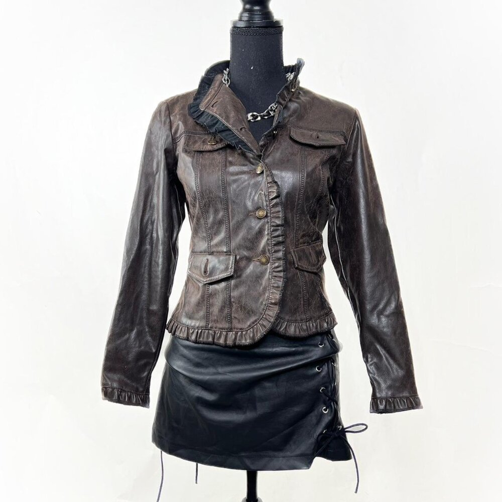 Y2K Brown PU Leather Jacket Pleated Ruby Rd